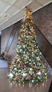 heavily decorated lobby giant tree